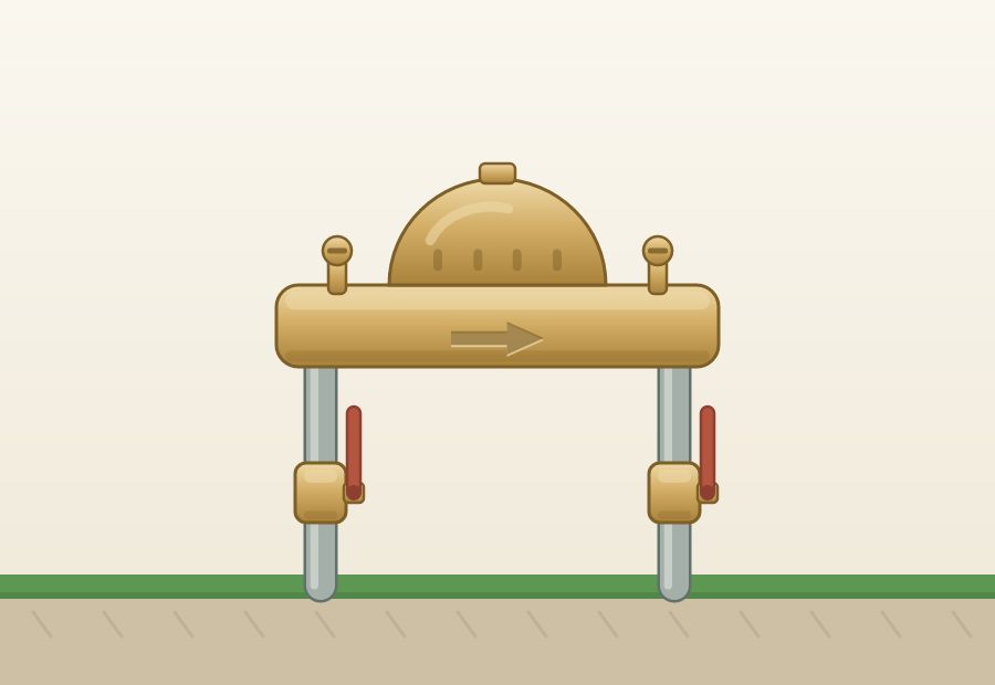 Pressure vacuum breaker on two risers above ground: a domed bonnet on top of a single body, two screwdriver-slotted test cocks on the side, and one shut-off handle on each riser below the body, both in line with the pipe.
