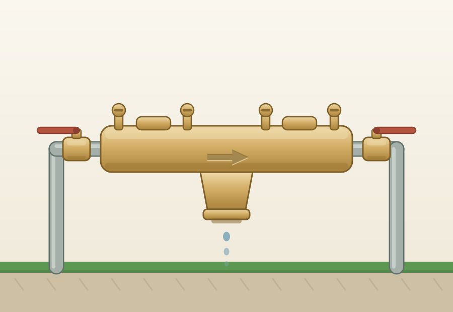 Reduced pressure zone assembly above ground: a long body holding two checks, a relief valve hanging underneath with water dripping from its port, four screwdriver-slotted test cocks along the side, and a shut-off handle at each end, both in line with the pipe.