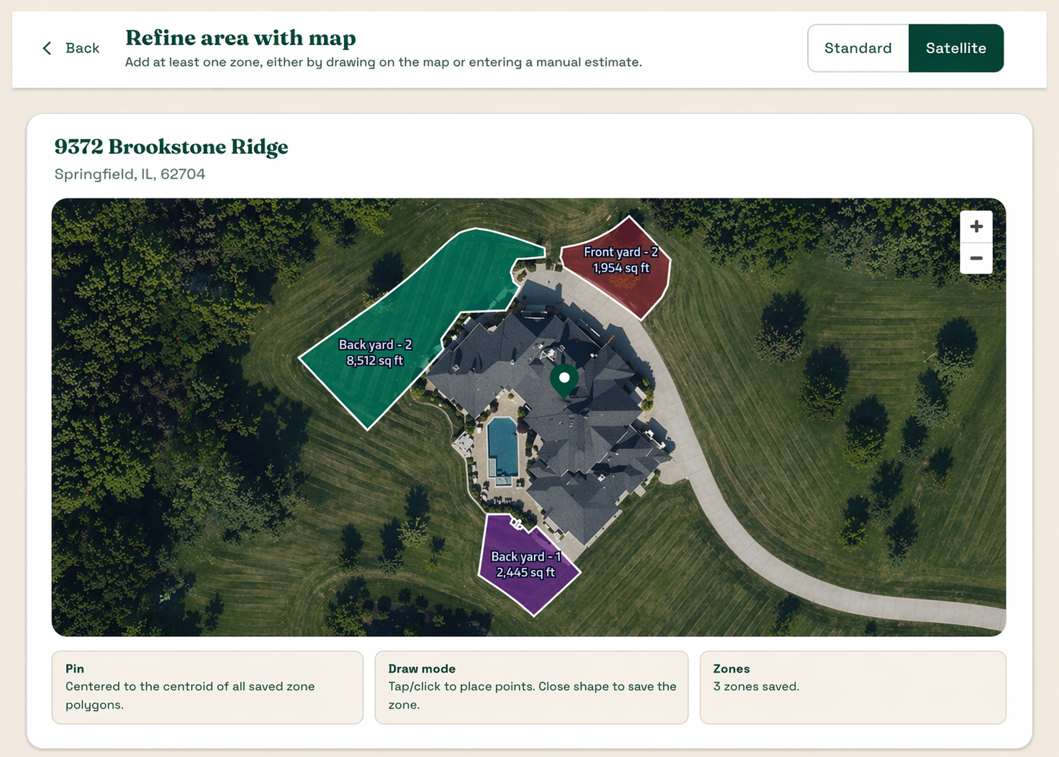 Aerial satellite view of a property with three color-coded lawn zones drawn on the map, showing calculated area in square feet